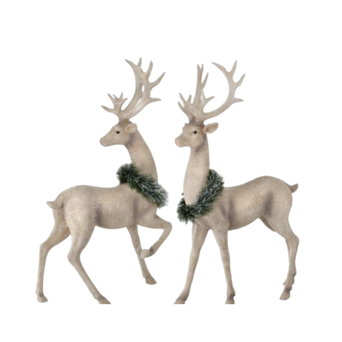 18" resin Deer with Burlap Frosted Finish - wreaths on neck - Set of 2