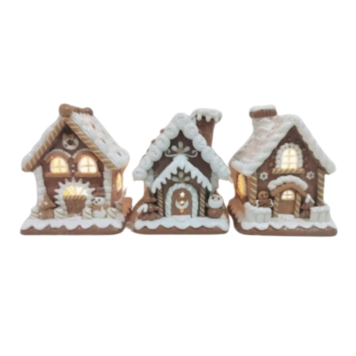6" Sugar/Spice Gingerbread House - Set of 3 - With Battery/ timer Operated LED Lights