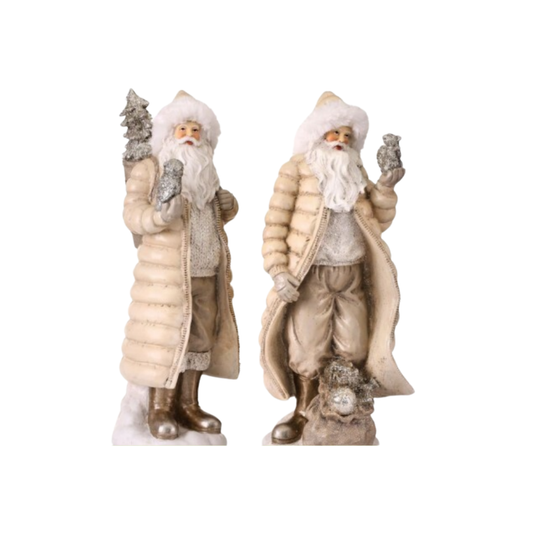 12" Santa Figurine -  Forest Santa with Fur Hat - Set of 2 - White and Silver