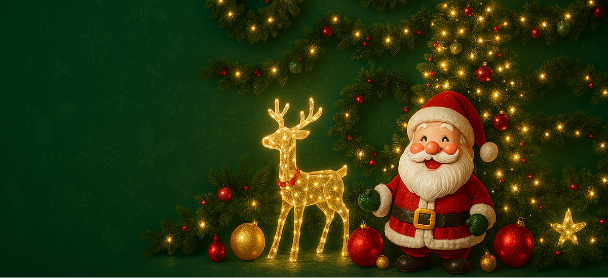 Decorative Christmas scene with Santa Claus, reindeer, and lights on a green background